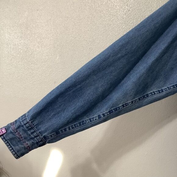 Vintage 90s Western Cottagecore Grandmacore Pink Embroidered Denim Blouse Medium - Picture 6 of 11